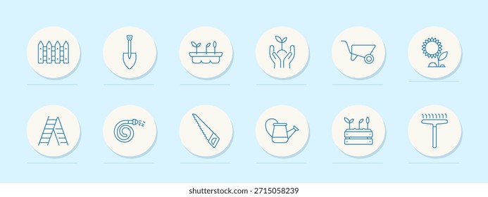 Icono de conjunto de jardinería. Iconos circulares delineados que muestran plantas, paleta, carretilla, regadera, girasol, semillas, escalera, sierra, manguera, rastrillo y cama de jardín en contexto de siembra