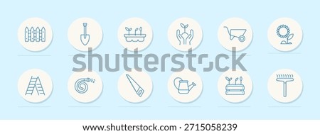 Gardening set icon. Circular outlined icons showing plants, trowel, wheelbarrow, watering can, sunflower, seeds, ladder, saw, hose, rake, and garden bed in planting context