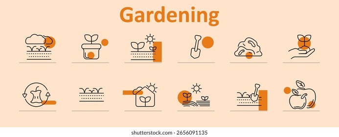 Symbol für Gartensatz. Einschließlich Pflanzen, Sprossen, Sonnenlicht, Boden, Schaufel, Kompost, Handpflege, Äpfel und Gartenbetten, gezeichnet mit minimalem linearen Stil und orangefarbenen Akzenten