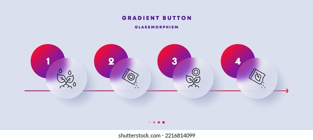 Gardening set icon. Nature, sow seeds, plant, water, rain, drops, soil, ground, sunflower, gardening, care for environment. Ecology concept. Glassmorphism style. Vector line icon for Business.