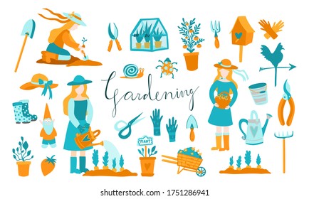 Gardening set of icons and characters, design elements. Garden tools and decor collection isolated on a white background. Vector illustration stickers clip-art. Trendy blue and yellow colors