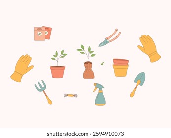 Gardening set illustrating plant transplantation with tools, gloves, plant pots, seedlings and sprayer. Ideal for eco-friendly, farming and planting projects in flat design.