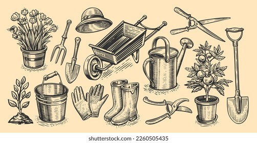 Gardening set of items in sketch style. Garden, farm concept. Agriculture, farming vintage vector illustration