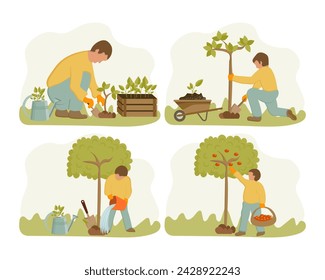 Gardening set, man planting and caring for trees. Spring illustration, vector