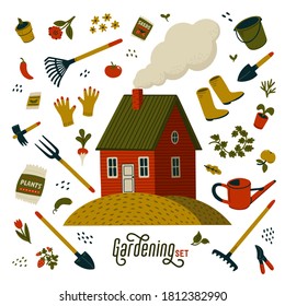 Gardening set. Red farm house and different types of tools for gardening and landscaping. Barn house in rustic style with gardent equipment. Vector illustration in flat cartoon style on white