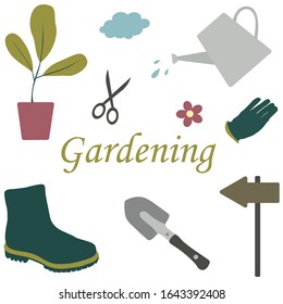 Gardening Set. Tools and decorations for the garden. Isolated illustration on white background