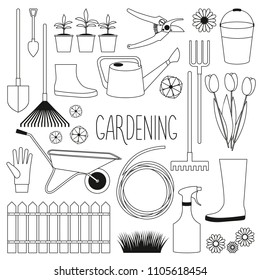 Gardening. A set of tools for the garden. Shovel, rake, bucket, watering can, fence, garden trolley, gloves, water hose, rubber boots. Vector contour illustration on white background.