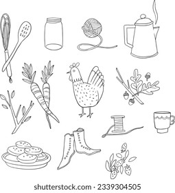 Gardening set. Set of gardening tools and kitchen tools, chicken, can roll, cup, carrot. isolated on a white background, black lines.