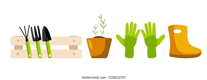 Gardening set. Tools near wooden box, garden gloves, high rubber boots, plant pot Isolated. Colored flat vector illustration. Floristry and gardening, hobby, outdoor activities. Gardeners Supply.