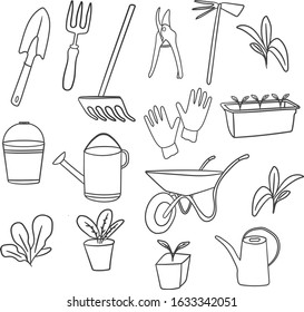 Gardening set. Set of gardening tools.  Shovel, rake, garden cart, watering can, garden gloves, pruning shears. Sprouts, small plants. Elements are isolated on a white background, black lines.