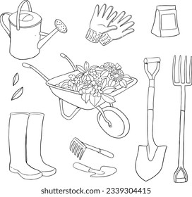 Gardening set. Set of gardening tools. Shovel, rake, garden cart, hat, watering can, garden gloves.isolated on a white background, black lines.