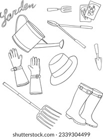 Gardening set. Set of gardening tools. Shovel, rake, garden cart, hat, watering can, garden gloves.isolated on a white background, black lines.