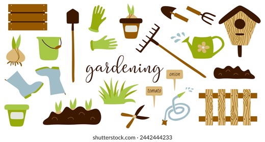 Gardening Set Tools. Vector Flat Collection of Spring Garden Equipment and Plants. Rake, Spade, Flowerpot, Rubber Boots and Gloves, Flower Bulbs. Design Graphic Art, Seasonal Illustration, Housekeep.