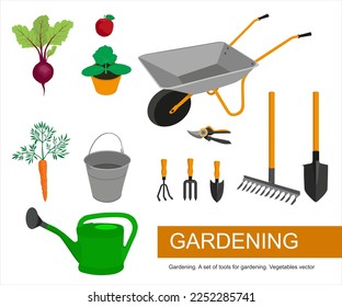 Gardening. A set of tools for gardening. Vegetables vector. A set of garden tools. Vector illustration of gardening elements