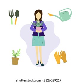 Gardening set, set of gardening tools, woman with plant