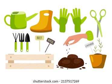 Gardening set. Tools, wooden box, garden gloves, rubber boots, watering can, tags, human hand, soil, scissors, plant pot Isolated. Floristry and gardening, hobby, outdoor activities. Gardeners Supply.