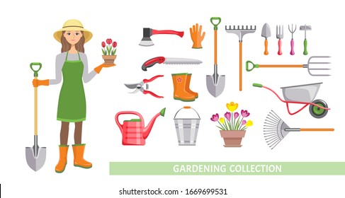 Gardening Set. Vector cartoon flat illustration of garden tool and woman gardener isolated on white background. Bucket, wheelbarrow, shovel, pitchfork, rake, pruner, ax, saw, watering can, plant pot.  svg