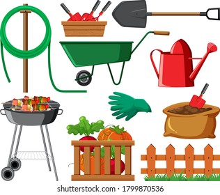 Gardening set with vegetables and tools illustration