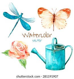 Gardening set. Watercolor watering can, butterfly, rose and dragonfly. Vintage vector illustration set.