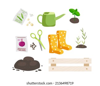 Jardín. Caja de madera, botas de goma altas, semillas, brotes, suelo, tijeras, riego pueden aislarse. Ilustración vectorial plana de color. Jardinería, pasatiempos y actividades al aire libre. Aprovisionamiento de jardineros.