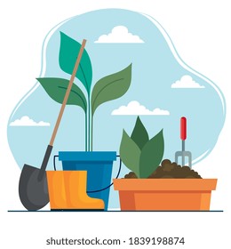 Gardening shovel boots and plants inside bucket and pot design, garden planting and nature theme Vector illustration