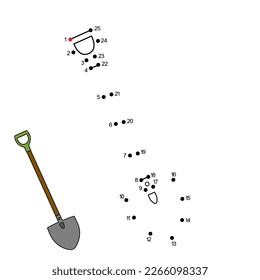 Gardening shovel. Dot to dot Game. Connect the dots by numbers to draw the metal farmer shovel with wooden handle. Logic game and Coloring Page. Education card for kids learning counting numbers 1-25.