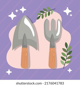 gardening shovel and rake with leafs