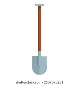 Gardening shovel standing with wooden handle and metal blade, isolated on white background