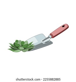 Gardening shovel with succulent in flat technique vector illustration 