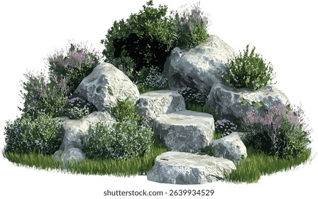 Gardening shrub plants vector cut out, steps rock background, illustration png file, natural garden design, outdoor greenery, shrubbery landscape, plant background