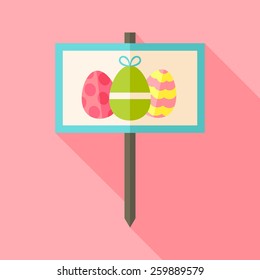 Gardening sign with Easter eggs. Flat stylized illustration with shadow