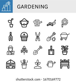 gardening simple icons set. Contains such icons as Growth, Plant, Bucket, Watering can, Lawn mower, Water hose, Weeder, Fertilizer, Shears, can be used for web, mobile and logo