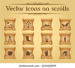 gardening simple vector icons on ancient scrolls