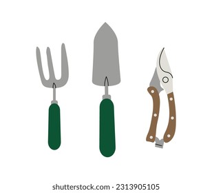 Jardín de pequeños instrumentos. Secadores, rastrillos y palas para la preparación del suelo para plantas y flores. Jardinería y agricultura. Dibujo vectorial plano de dibujos animados aislado en fondo blanco