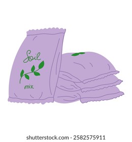 Gardening soil bags in flat cartoon design. Purple packs with potting mix for growing plants, gardening and farming, seedling growth and cultivated seeds for farm or home garden. Vector illustration