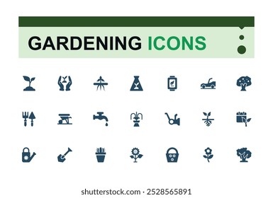 Gardening solid icons set. Relatate to planting, trees, watering can, fence and more, Filled icon collection. Editable and pixel perfect outline icons pack. Vector illustration.