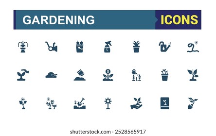 Gardening solid icons set. Relatate to planting, trees, watering can, fence and more, Filled icon collection. Editable and pixel perfect outline icons pack. Vector illustration.