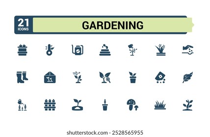 Conjunto de iconos sólidos de jardinería. Relacionado con la siembra, árboles, regadera, valla y más, colección de iconos rellenos. Paquete de iconos de contorno de píxeles editables y perfectos. Ilustración vectorial.