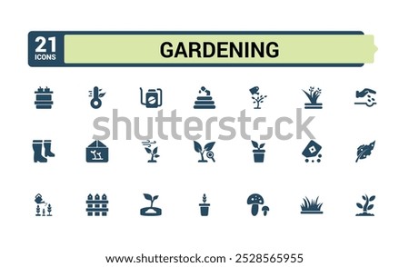Gardening solid icons set. Relatate to planting, trees, watering can, fence and more, Filled icon collection. Editable and pixel perfect outline icons pack. Vector illustration.