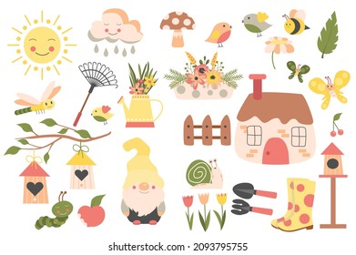 Gardening and Spring collection in flat design. House and fence, garden gnome, rubber boots, tools, flower bouquets, birds, sun and others isolated elements set. Vector illustration. Hand drawn style.