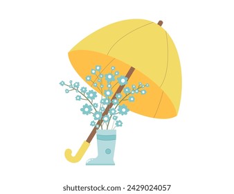 Gardening spring composition. Rubber boot with flowers bouquet protect under umbrella. Vector illustration isolated on white background.