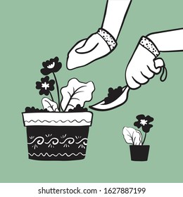 Gardening, spring garden field work. A man sits spring flowers in a flower pot. Growing vegetables and flowers business. Landscaping of the workspace. Hand drawn vector sketch linear style on a white 