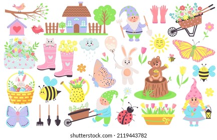 Gardening and spring set of elements such as flowers, gnomes, animals, birds, bees, butterflies and others. Perfect for scrapbooking, greeting card, web, poster, cover, tag, invitation, sticker kit. 