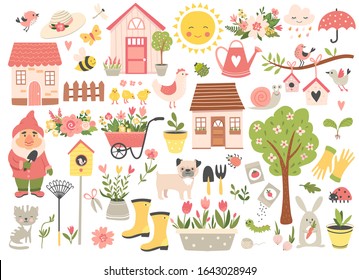 Gardening and Spring set, hand drawn elements- flowers, houses, birds, insect and other. Perfect for scrapbooking, greeting card, party invitation, poster, tag, sticker kit. Vector illustration.