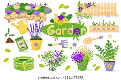 Gardening, spring set. Tools, garden flowers, watering can, seedlings, seeds, lavender, stone path.
Vector illustration