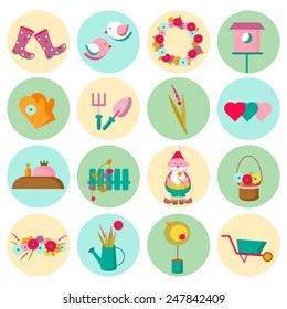 Gardening and spring time circle icon set: garden tools, tree in a pot, gnome, gloves, rubber boots and bird house. Vector illustration in flat design vector style. 