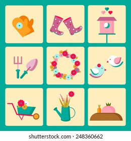 Gardening and spring time icon set: garden tools, gloves, rubber boots and bird house. Vector illustration in flat design vector style. 
