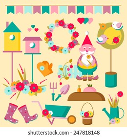 Gardening and spring time icons set: garden tools, tree in a pot, gnome, gloves, rubber boots and bird house. Vector illustration in flat design vector style.  