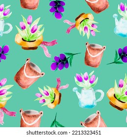 Gardening spring watercolor seamless pattern, springtime flowers and watering can