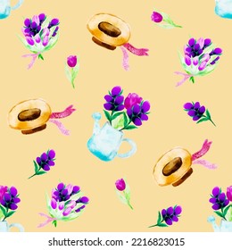 Gardening spring watercolor seamless pattern, springtime flowers and watering can